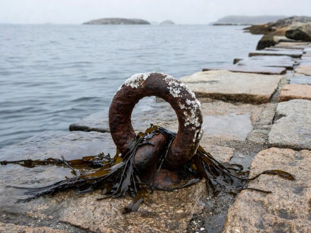 Shallow-focus close-up of a salt-encrusted iron mooring ring and wet kelp on a stone quay in Helgeland